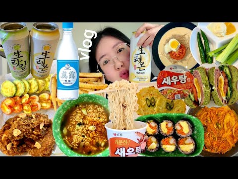 나이 먹으니 한식이 좋아진 40대 혼술러버 직장인 먹방 브이로그(고등어김치찜,맛살하트전,콩국수,감자전,치킨,라면,집김밥,베이글샌드위치,생레몬하이볼,감튀)음주 요리 집밥 vlog